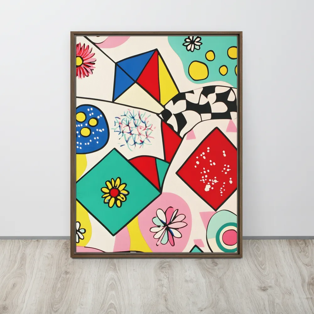Joyful Geometry: A Playful Dance of Shapes and Colors | Canvas with Brown Frame | 24″×32″