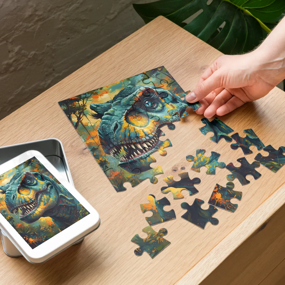 Teal Tyrant — T. rex Painting 
 Jigsaw Puzzle in Tin Box