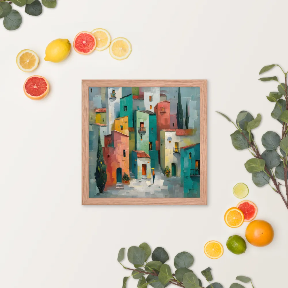 Sunlit Village 
 Poster with Red oak Frame | 14″x 14″