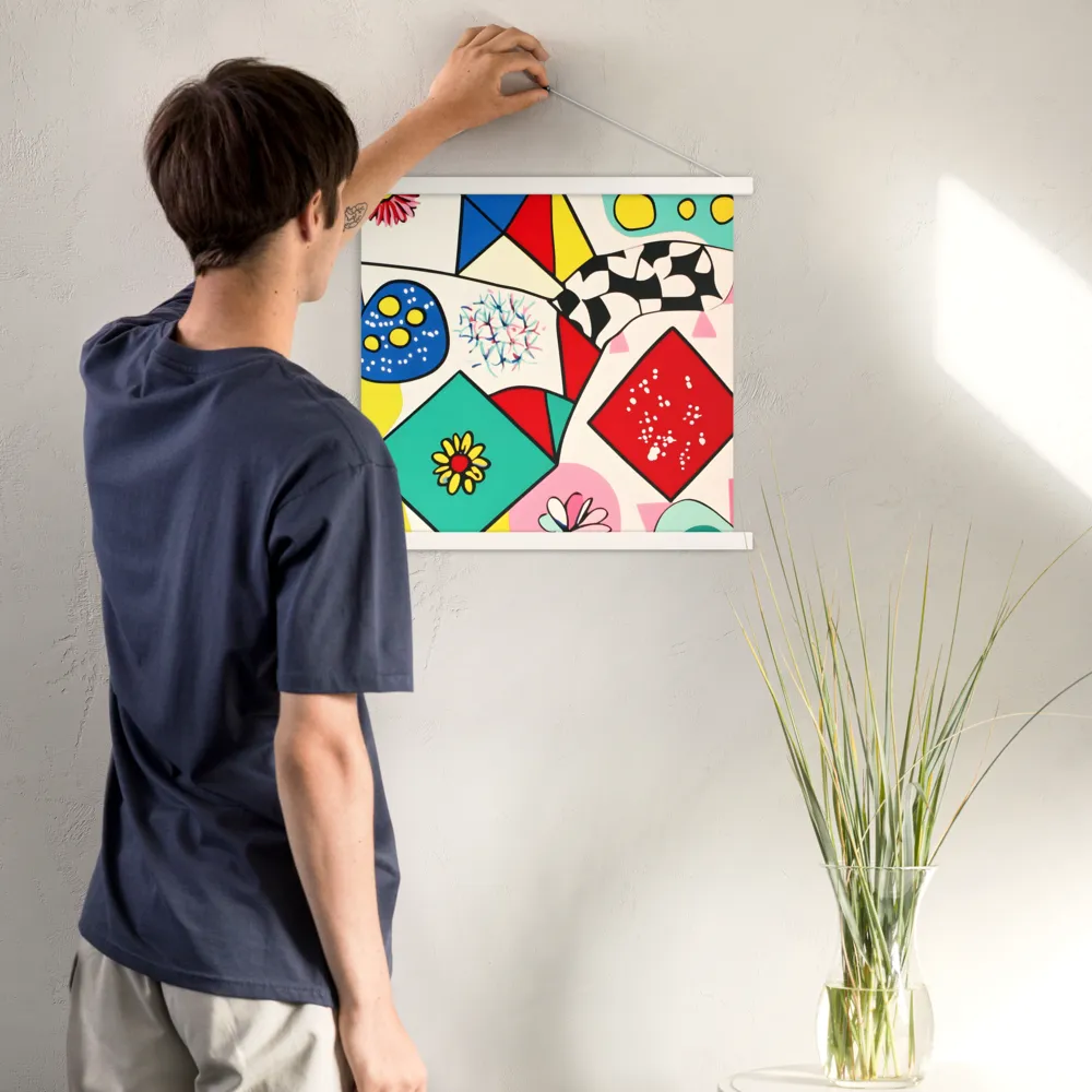 Joyful Geometry: A Playful Dance of Shapes and Colors | Poster With White Wood Hanger | 18″×18″
