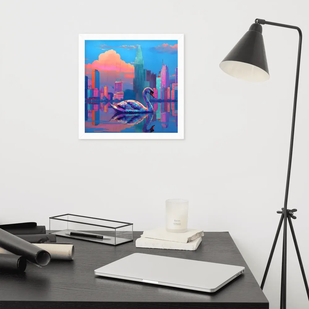 Neon Swan Skyline 
 Poster with White Frame | 14″x 14″