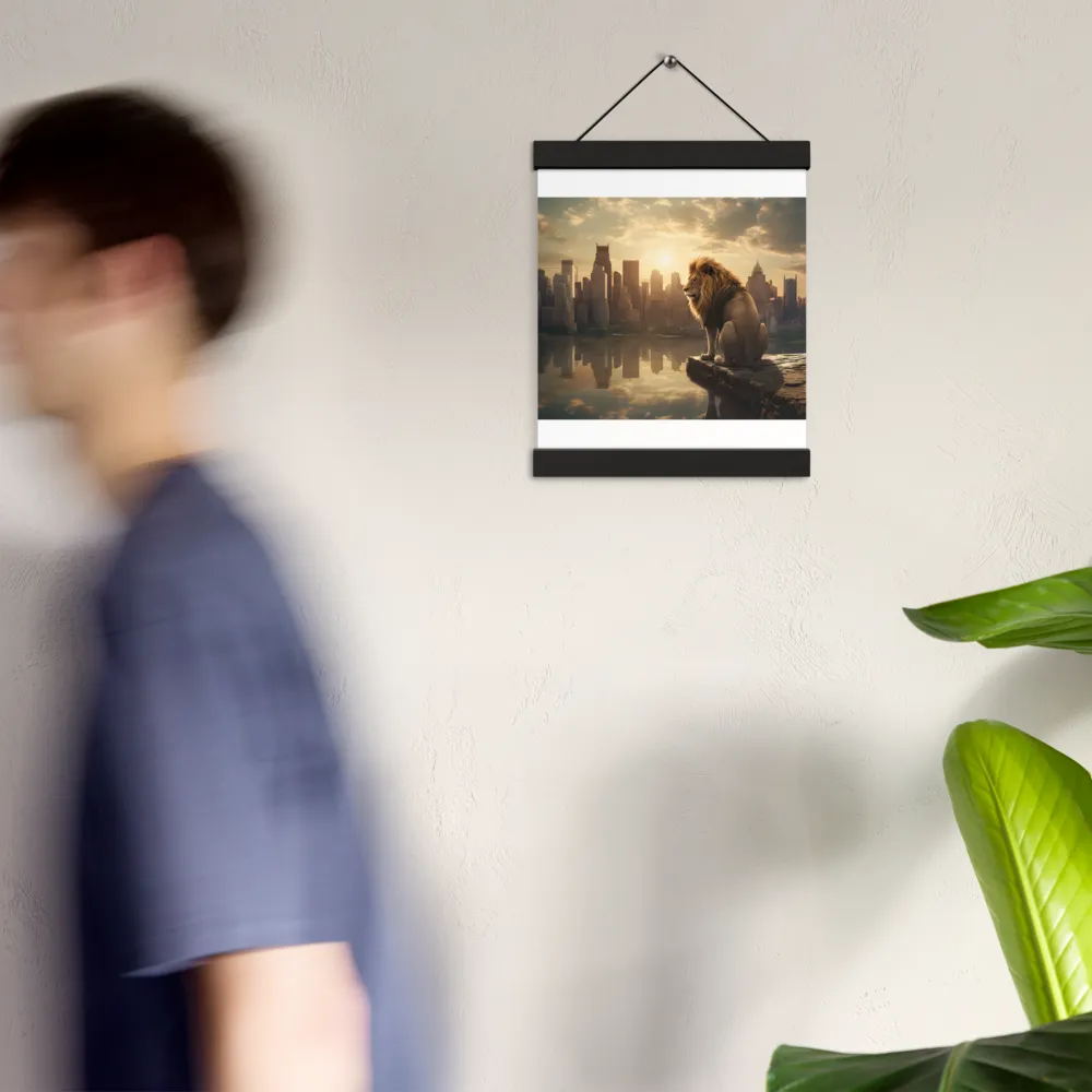 The Lion's Gaze Over the Urban Symphony | Poster With Black Wood Hanger | 8″×10″