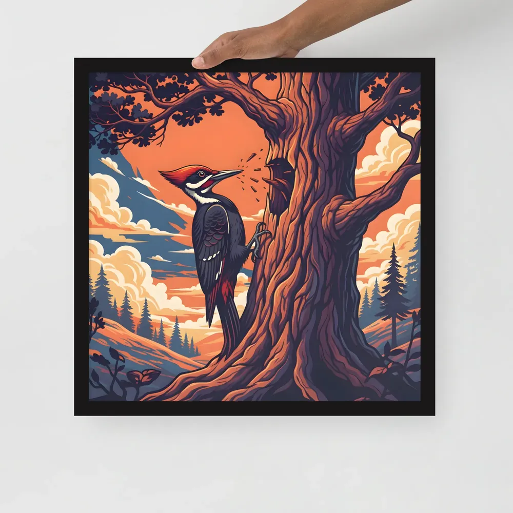 Woodpecker at Sunset 
 Poster with Black Frame | 18″x 18″