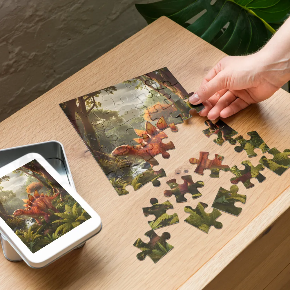 Stegosaurus in the Jungle 
 Jigsaw Puzzle in Tin Box