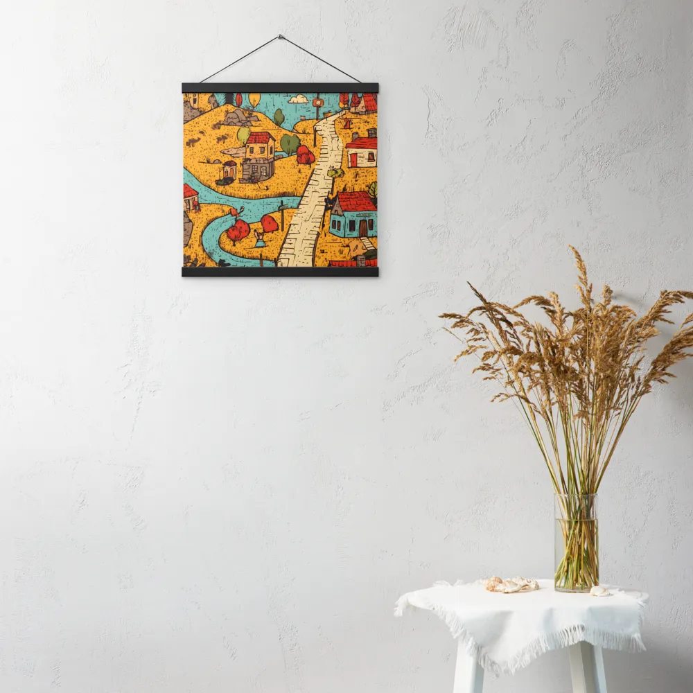 Whimsical Village Landscape | Poster With Black Wood Hanger | 16″×16″