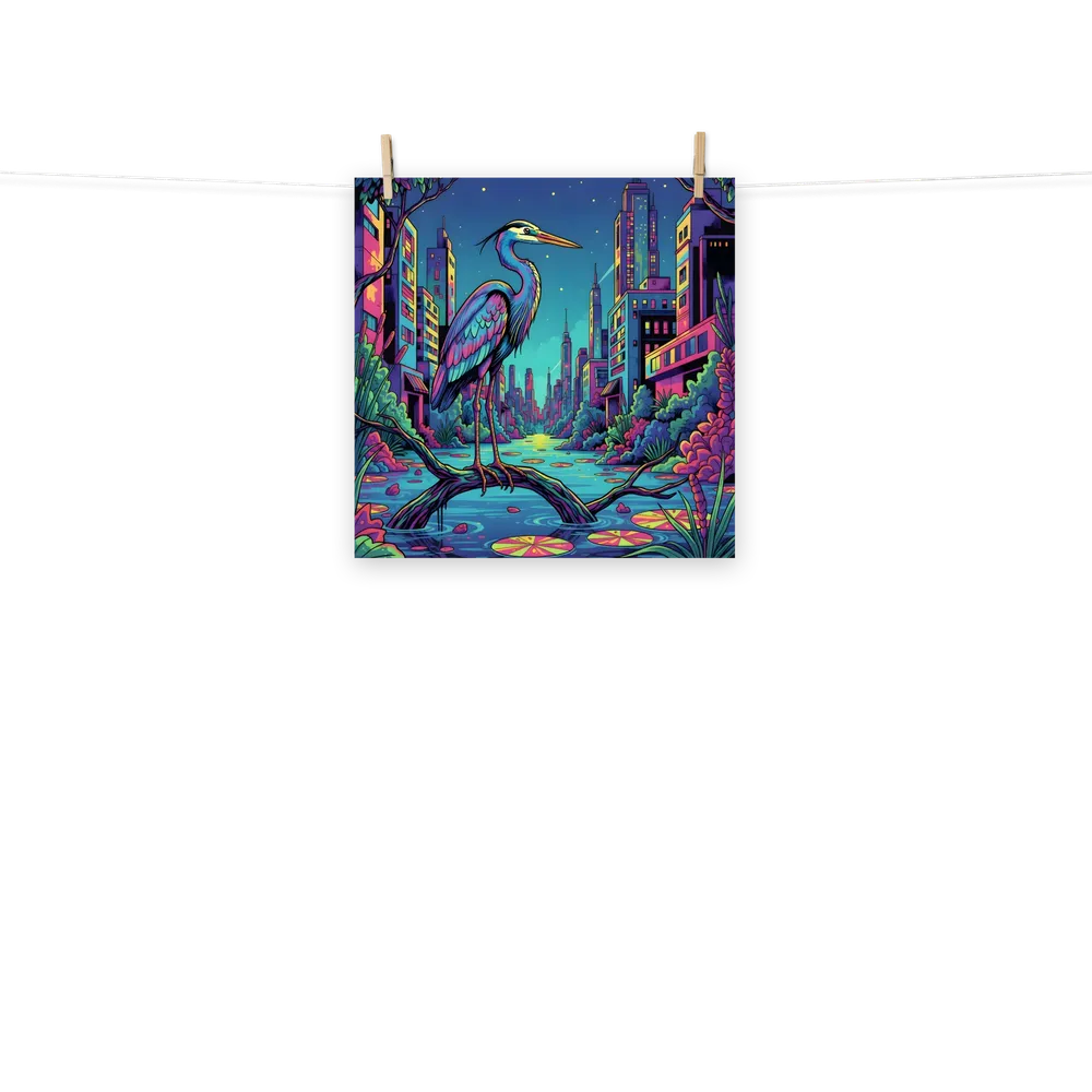 Neon Heron - Urban Twilight 
 Poster | 18″x 18″