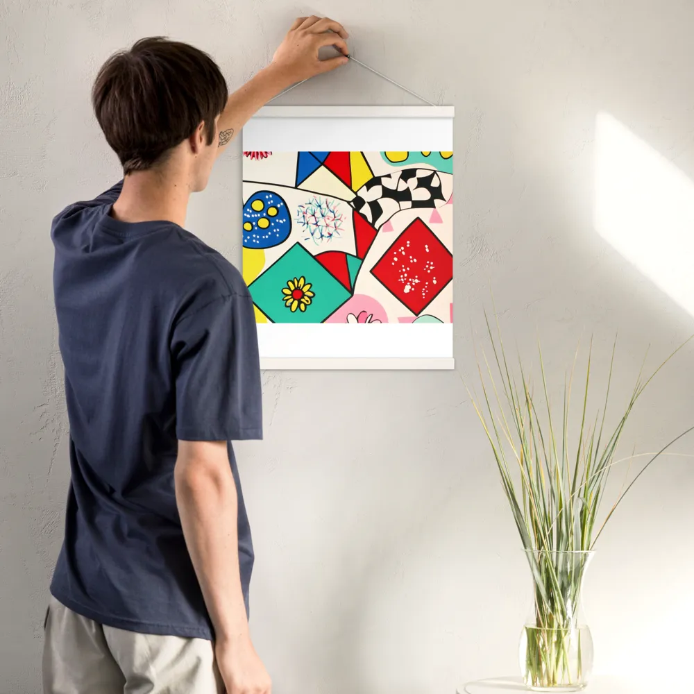 Joyful Geometry: A Playful Dance of Shapes and Colors | Poster With White Wood Hanger | 16″×20″