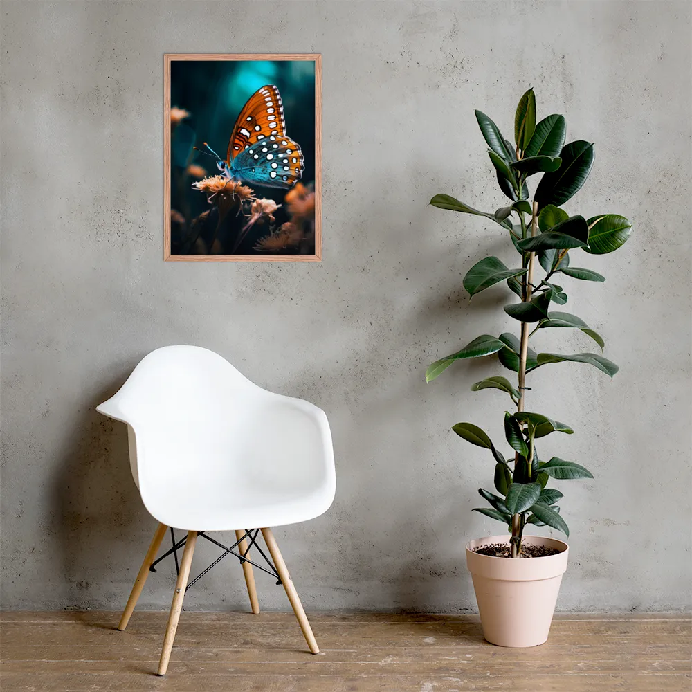 Whispers of Color: The Butterfly's Embrace | Poster with Red oak Frame | 18″×24″
