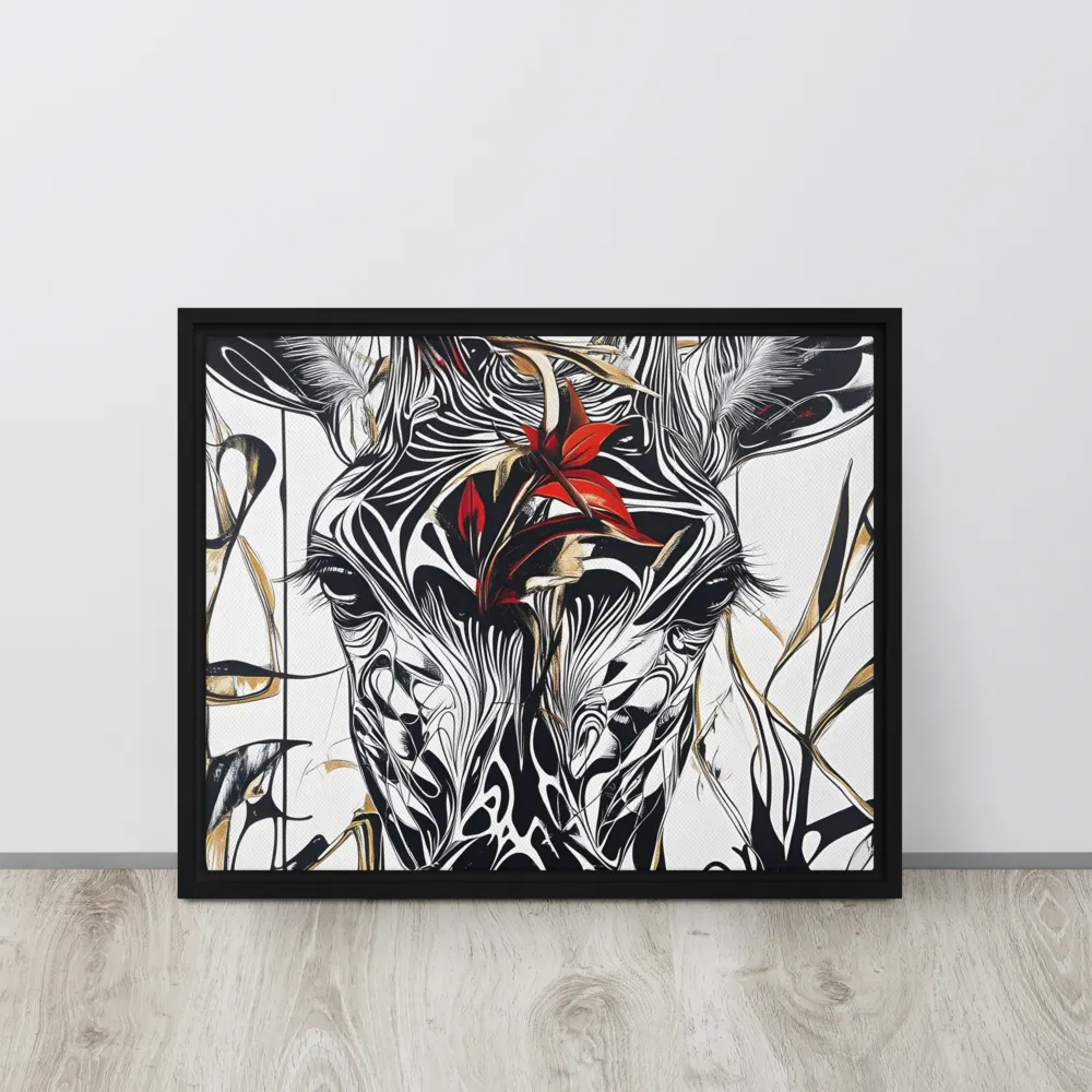 Floral Elegance: The Giraffe's Portrait | Canvas with Black Frame | 16″×20″