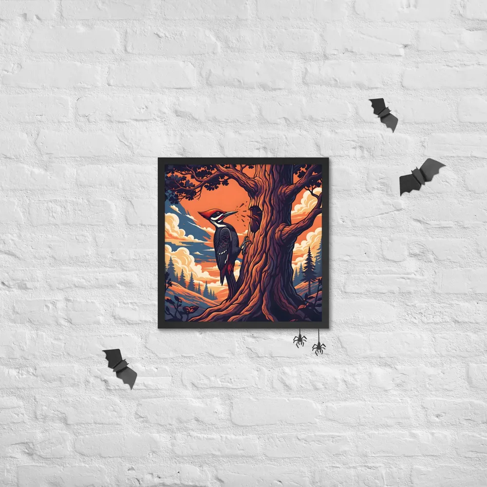 Woodpecker at Sunset 
 Poster with Black Frame | 18″x 18″