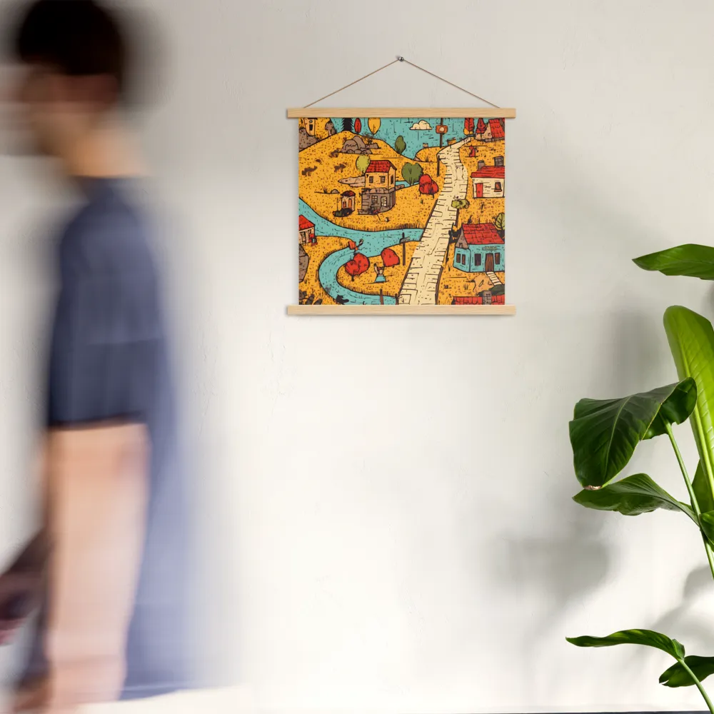 Whimsical Village Landscape | Poster With Oak Wood Hanger | 18″×18″