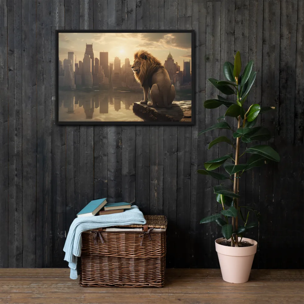 The Lion's Gaze Over the Urban Symphony | Canvas with Black Frame | 24″×36″