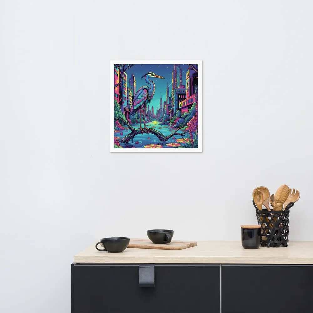Neon Heron - Urban Twilight 
 Poster with White Frame | 18″x 18″