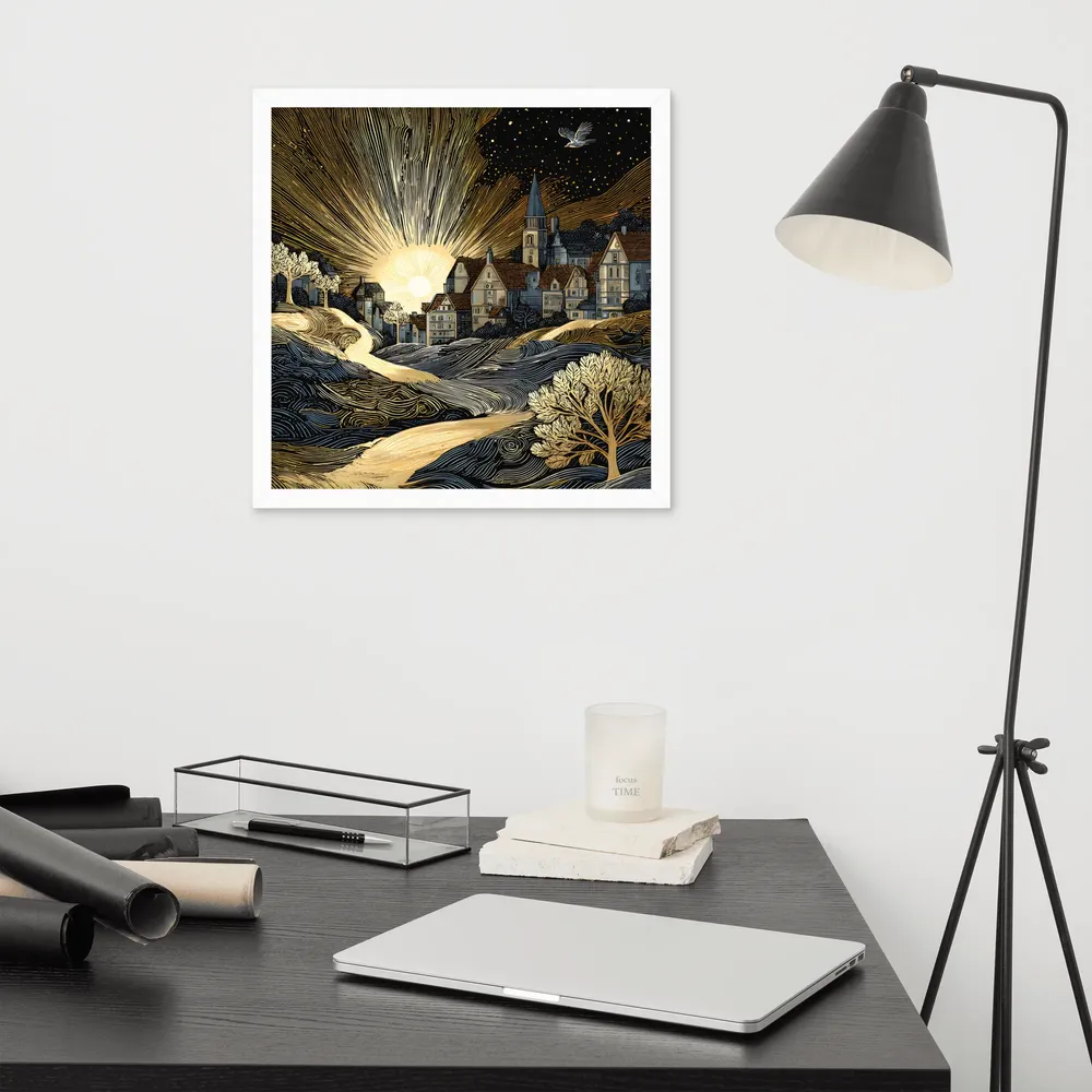 Golden Dawn Village 
 Poster with White Frame | 16″x 16″