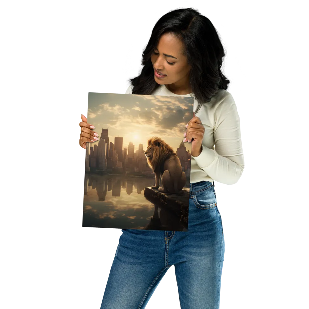 The Lion's Gaze Over the Urban Symphony | Metal Print | 11″×14″