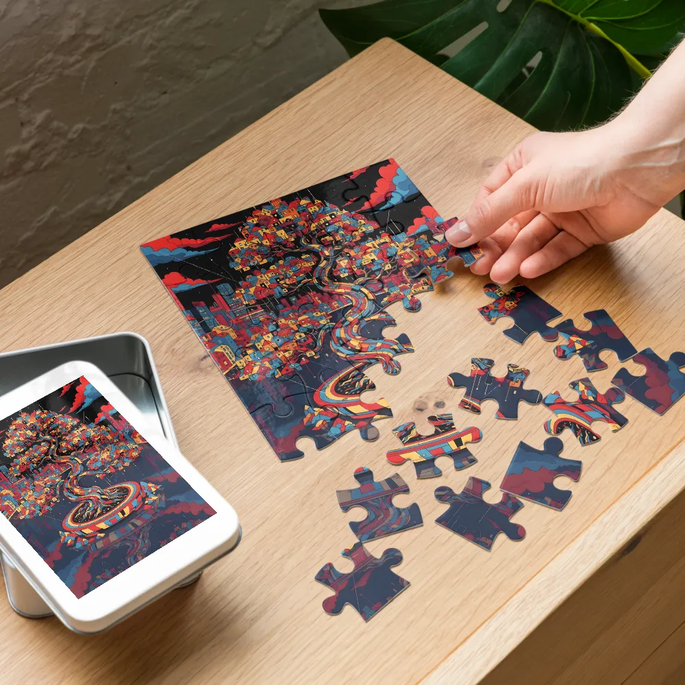 Tree of Houses 
 Jigsaw Puzzle in Tin Box