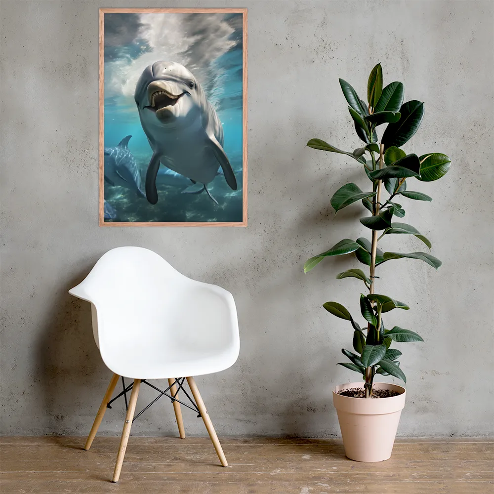 Beneath the Waves: A Dolphin's Dance | Poster with Red oak Frame | 24″×36″