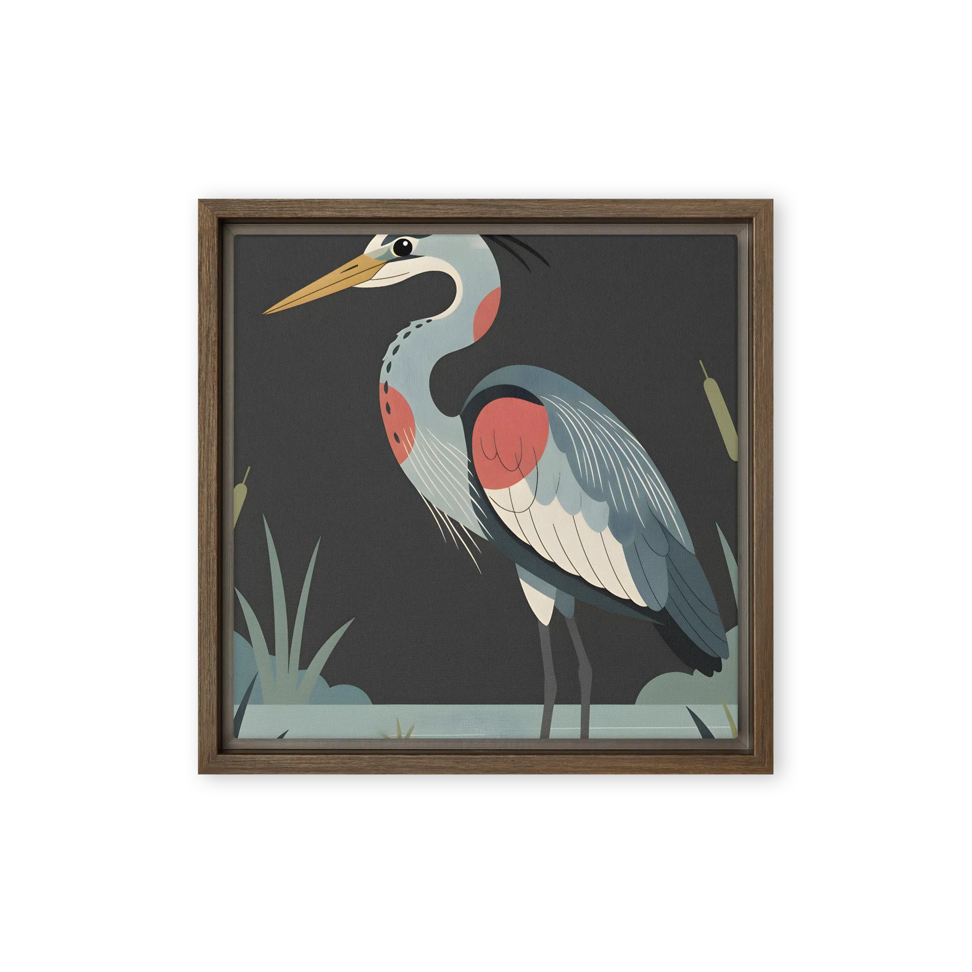 Wading Heron 
 Canvas with Brown Frame