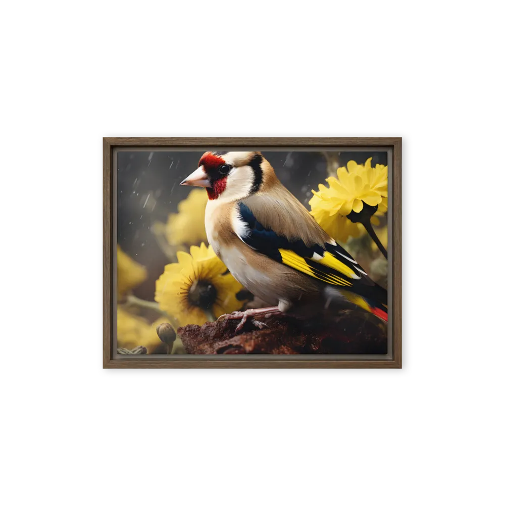 Harmony in Nature: A Goldfinch Amidst Blooms | Canvas with Brown Frame | 12″×16″