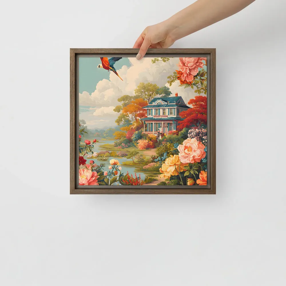 Riverside Cottage in Bloom 
 Canvas with Brown Frame | 12″x 12″