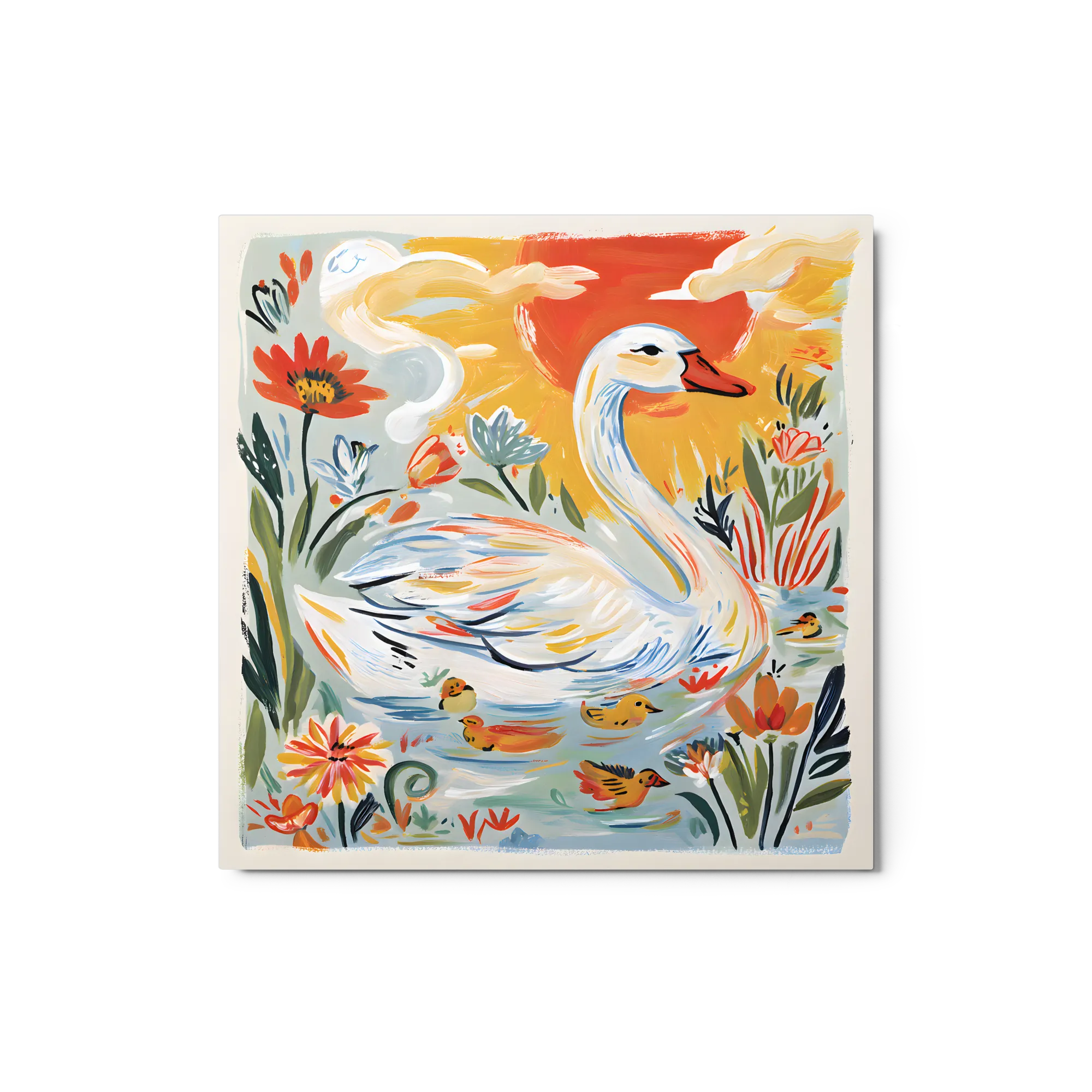 Swan and Ducklings 
 Metal Print | 12″x 12″
