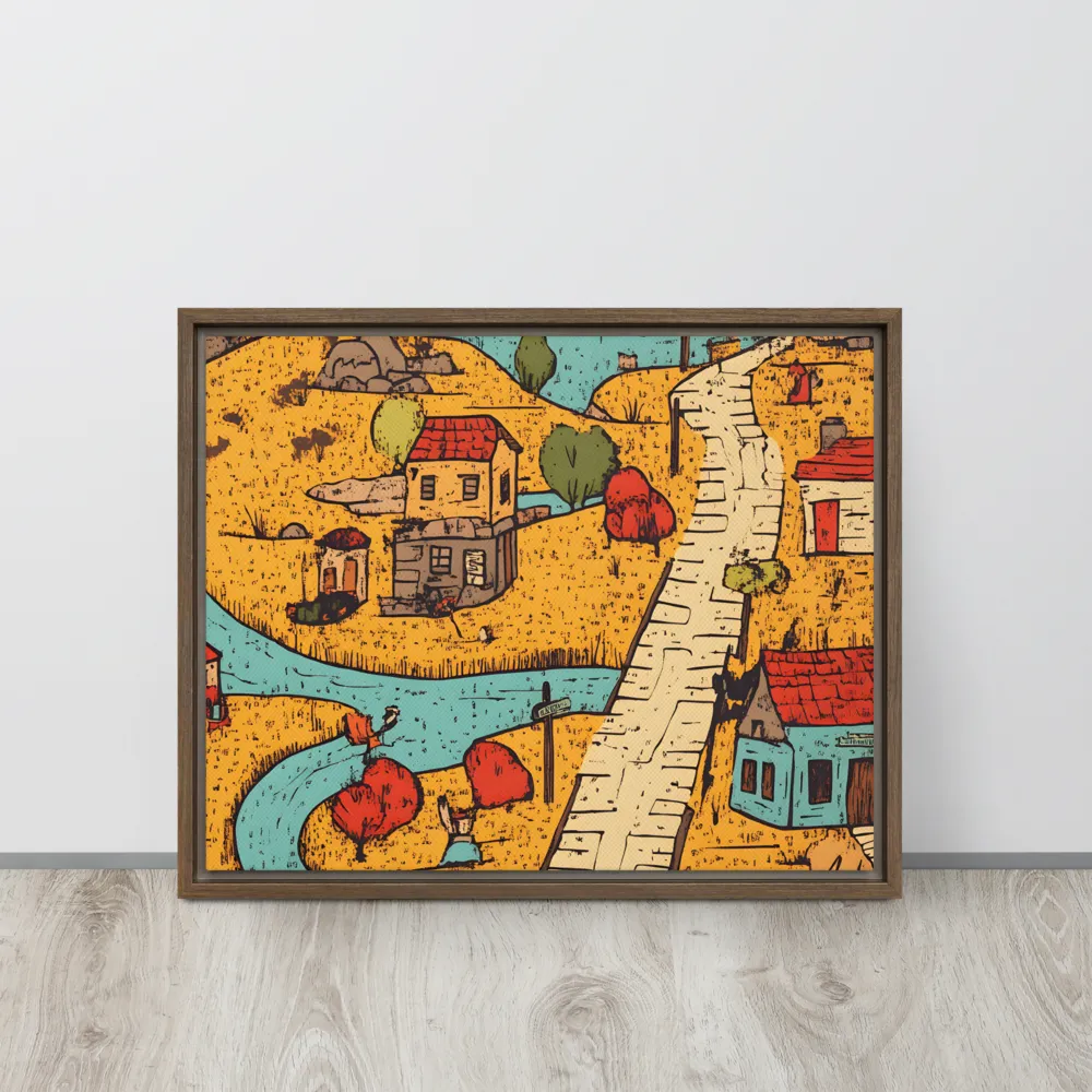 Whimsical Village Landscape | Canvas with Brown Frame | 16″×20″