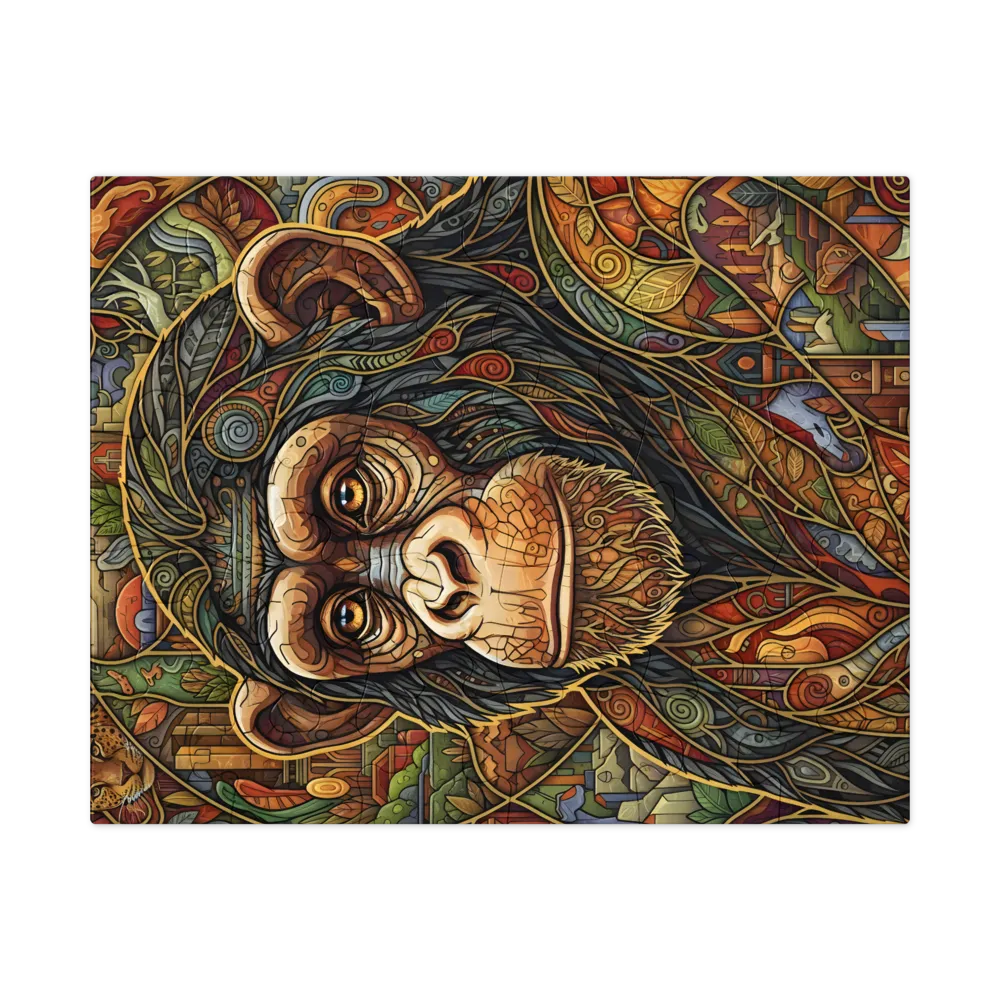 Stained-Glass Chimp 
 Jigsaw Puzzle in Tin Box