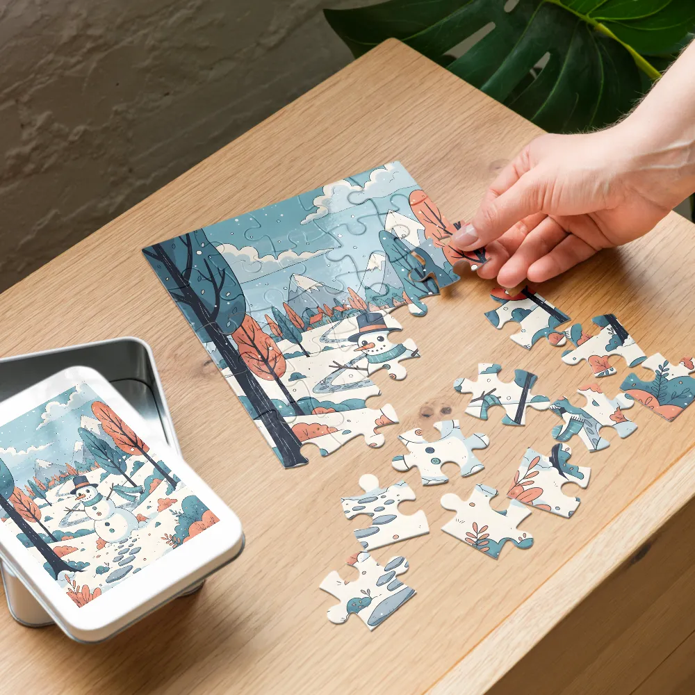 Snowman in Winter Village 
 Jigsaw Puzzle in Tin Box