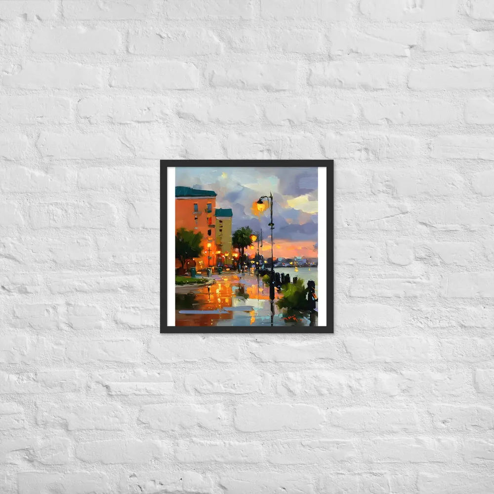 Harbor Promenade at Dusk 
 Poster with Black Frame | 18″x 18″