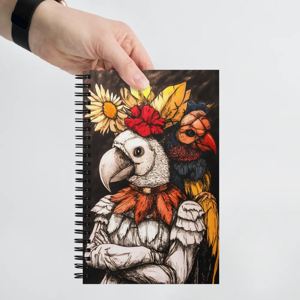 The Surreal Guardian: A Dance of Feathers and Flowers | Spiral Notebook