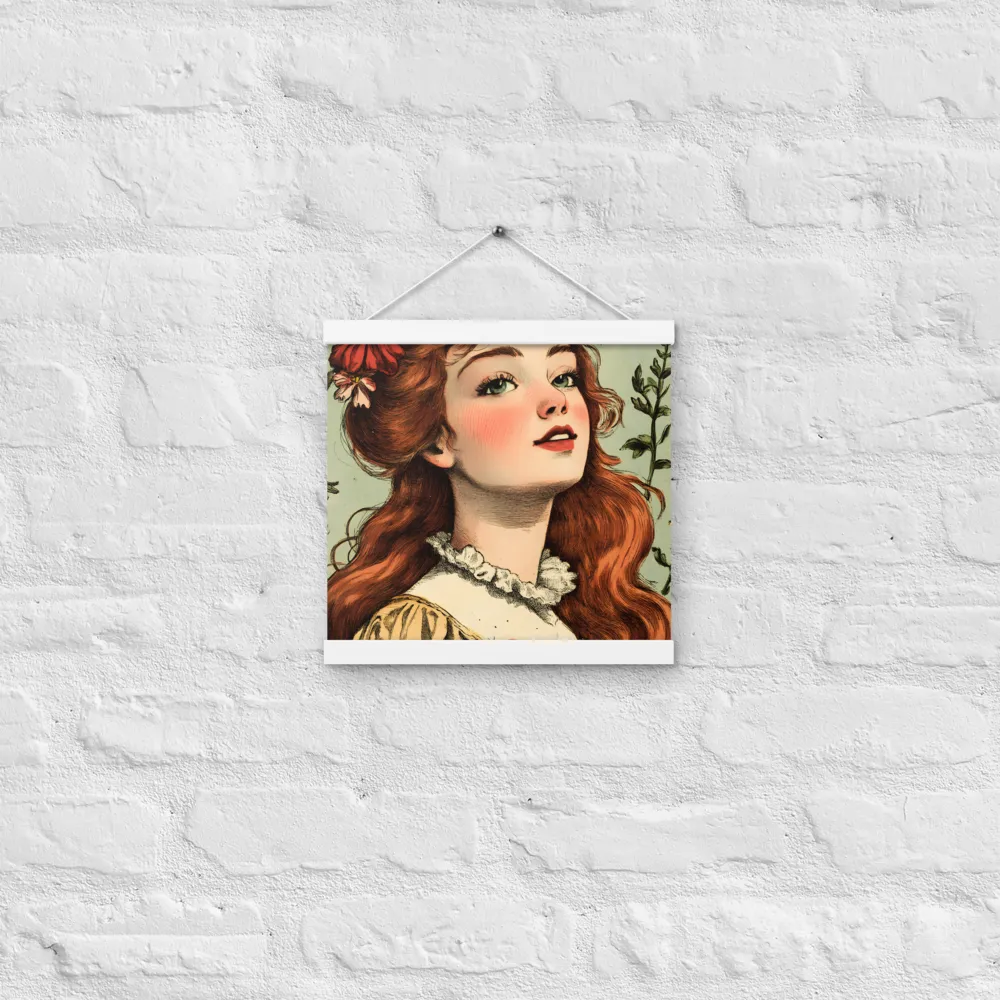 Whimsical Portrait of a Flower-Adorned Girl | Poster With White Wood Hanger | 12″×12″