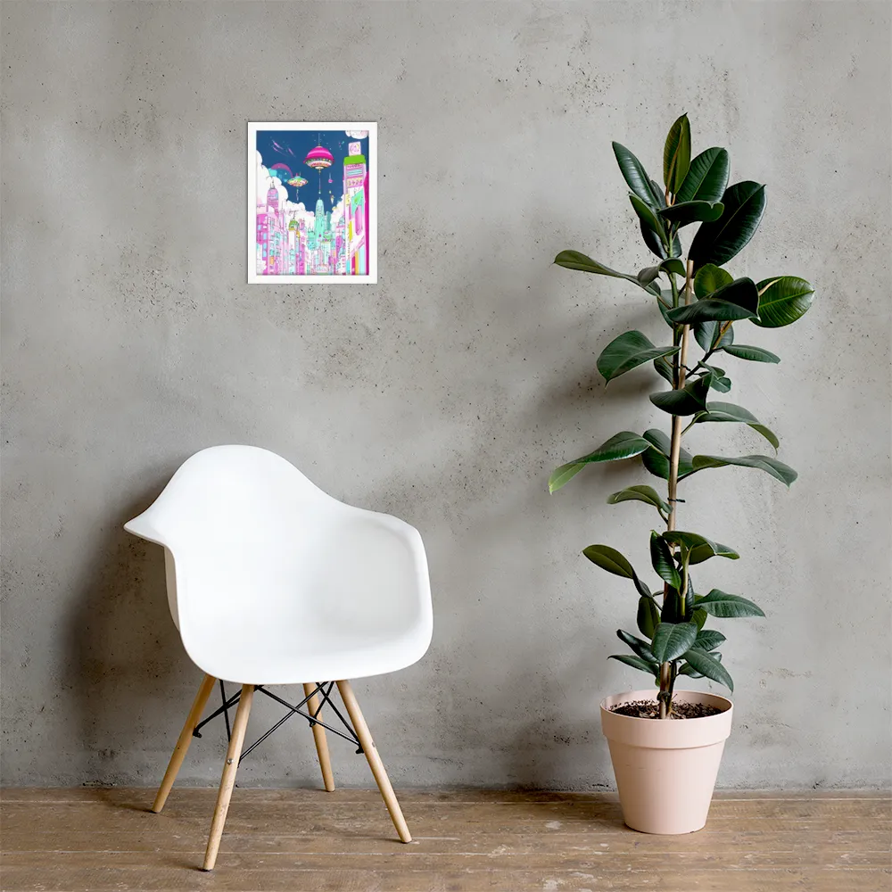 Futuristic Cityscape with Floating Structures | Poster with White Frame | 11″×14″