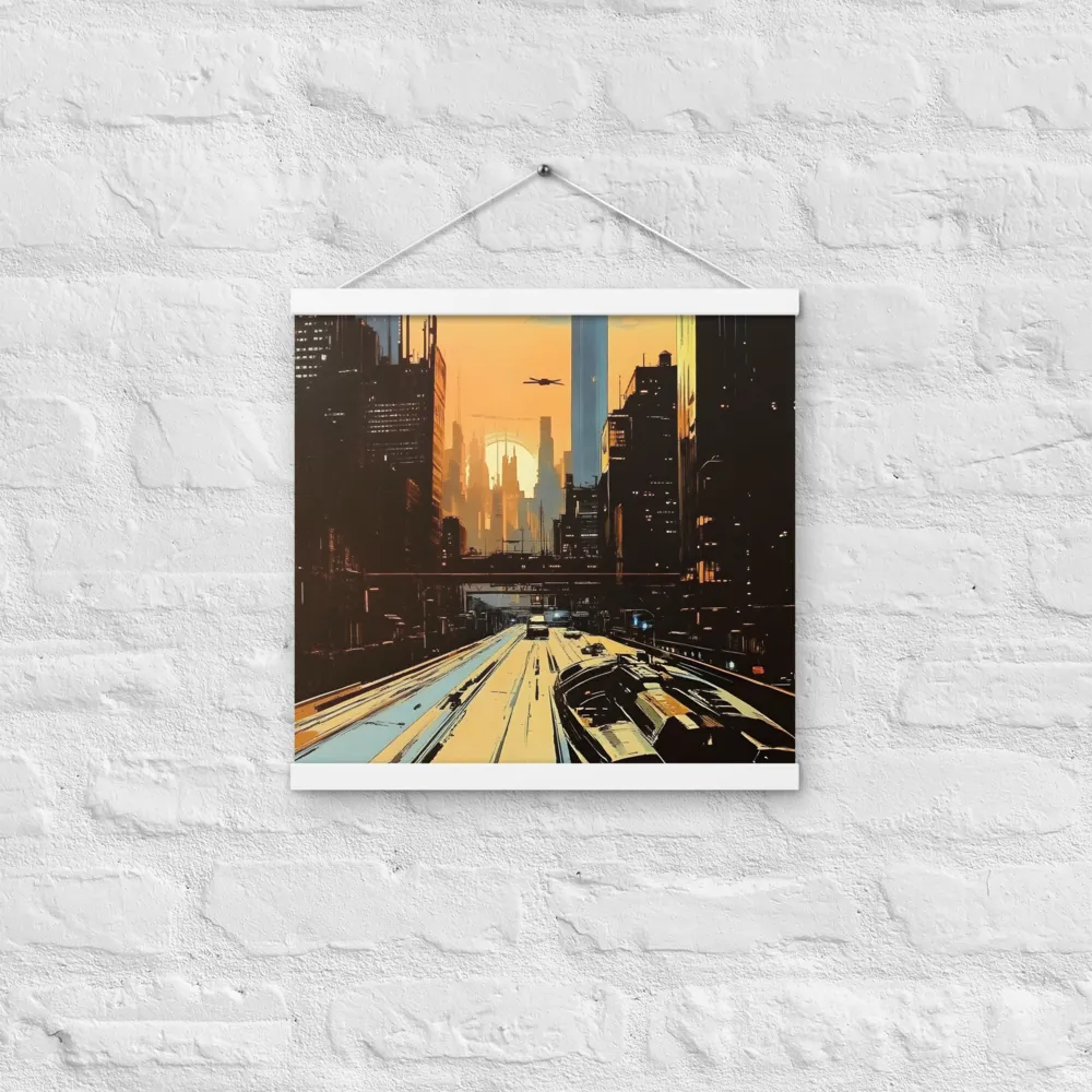 Metro Nexus: A Futuristic Cityscape | Poster With White Wood Hanger | 16″×16″