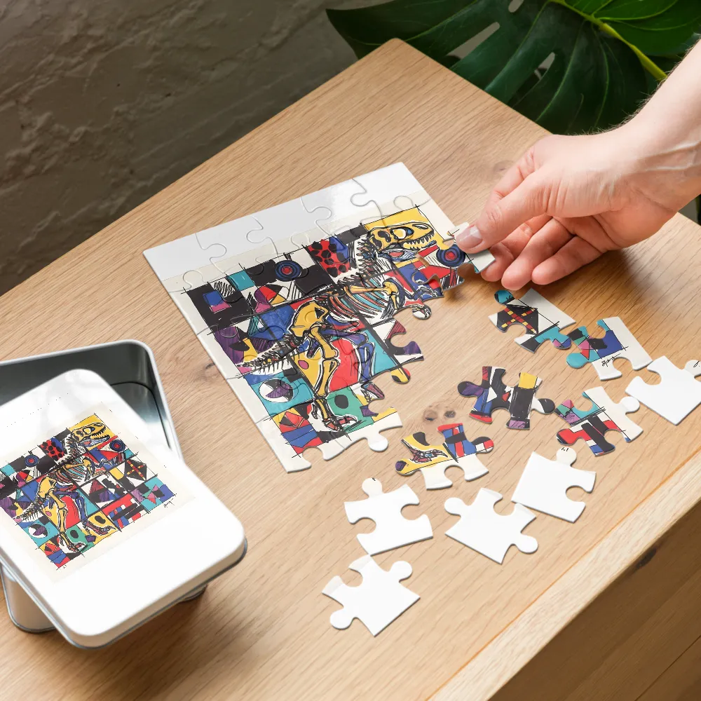 Patchwork T. rex 
 Jigsaw Puzzle in Tin Box