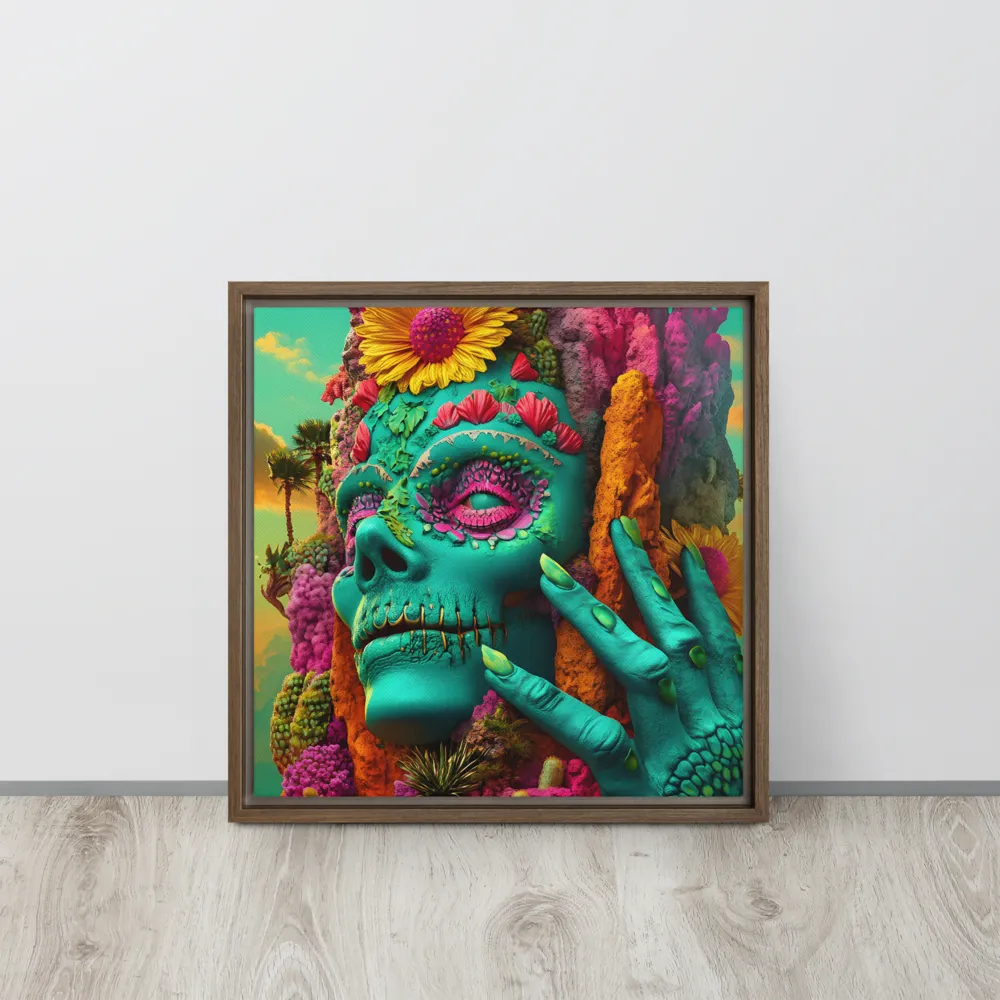 Ethereal Skull Garden | Canvas with Brown Frame | 16″×16″