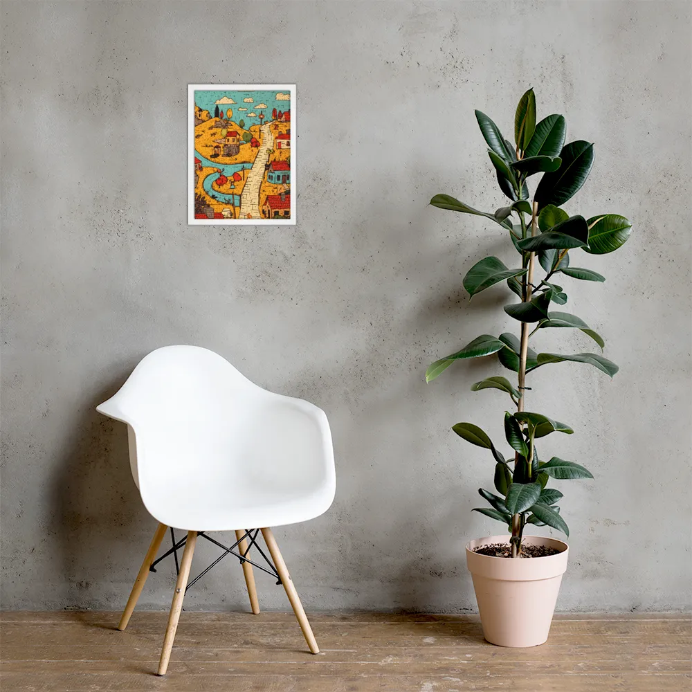 Whimsical Village Landscape | Poster with White Frame | 12″×16″