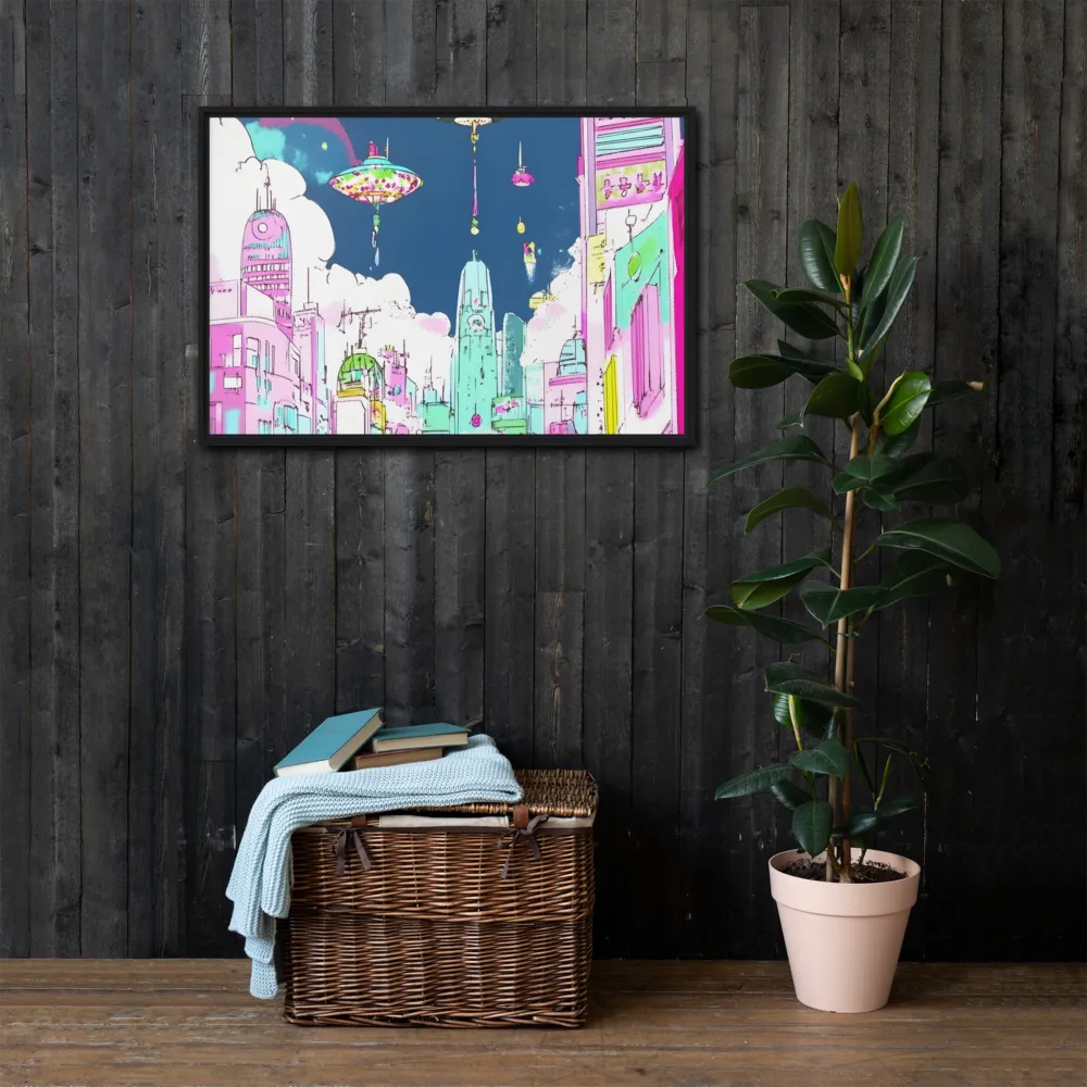 Futuristic Cityscape with Floating Structures | Canvas with Black Frame | 24″×36″