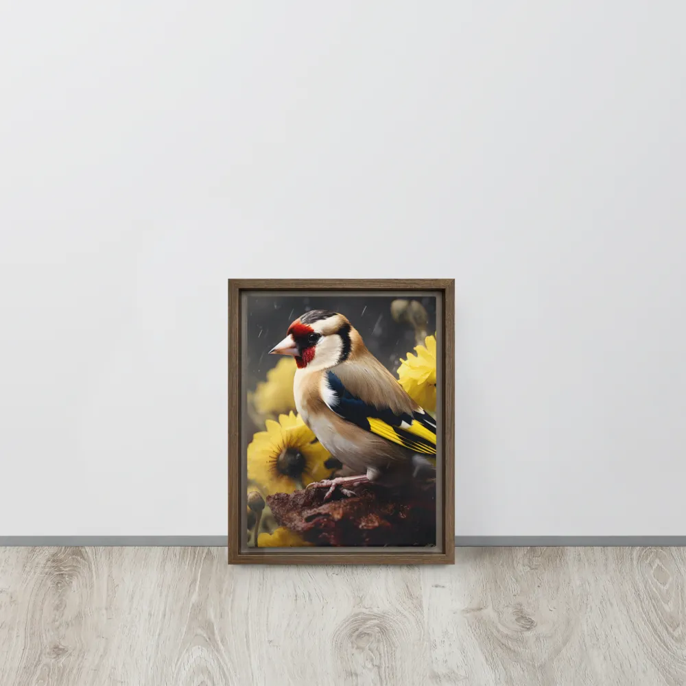 Harmony in Nature: A Goldfinch Amidst Blooms | Canvas with Brown Frame | 9″×12″