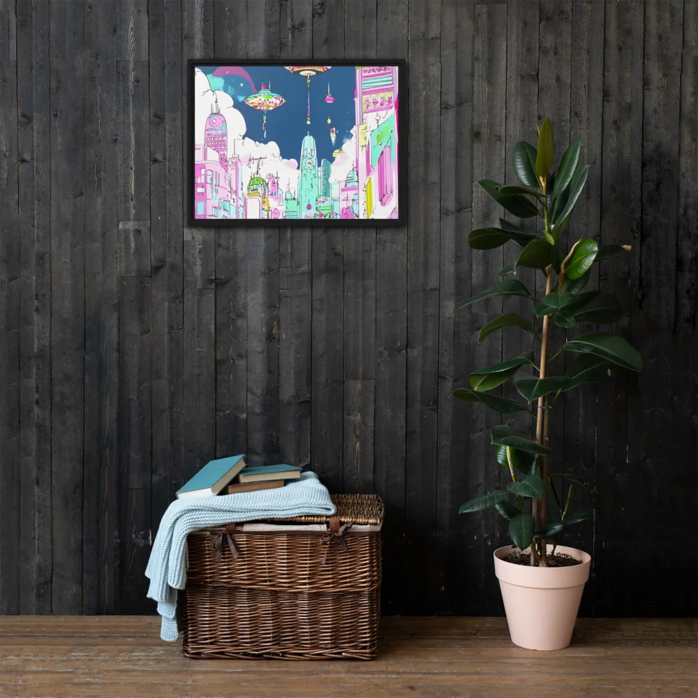Futuristic Cityscape with Floating Structures | Canvas with Black Frame | 18″×24″