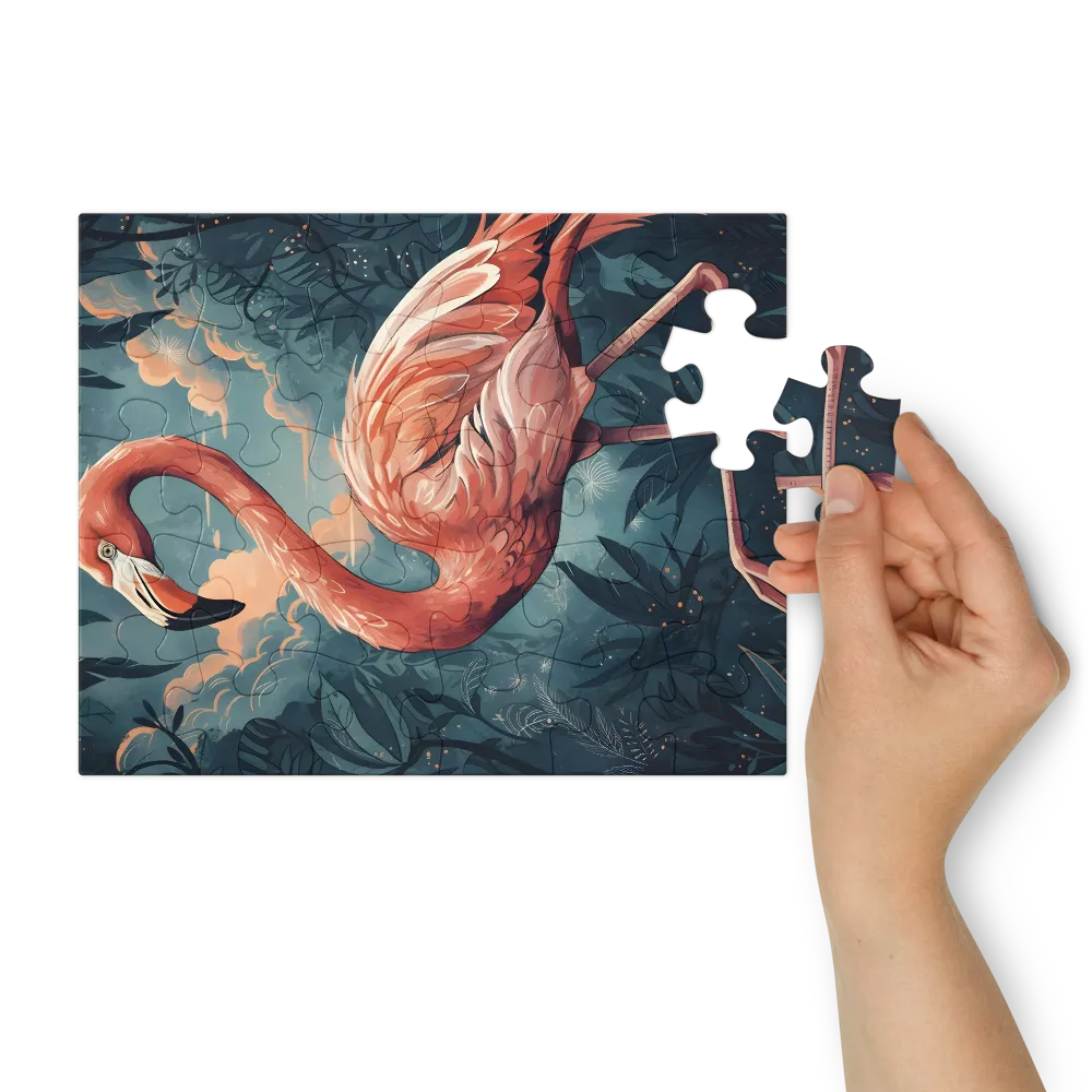Flamingo in Teal Jungle 
 Jigsaw Puzzle in Tin Box