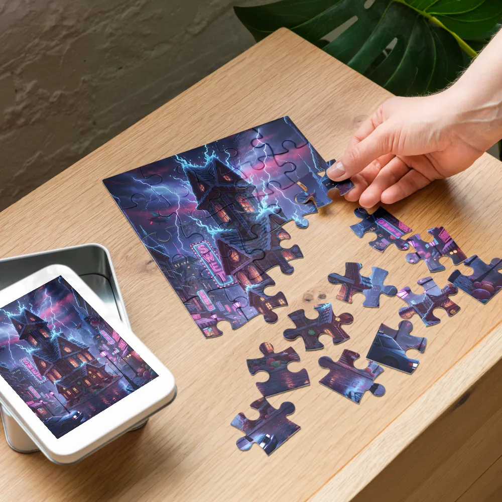 Neon Gingerbread House 
 Jigsaw Puzzle in Tin Box