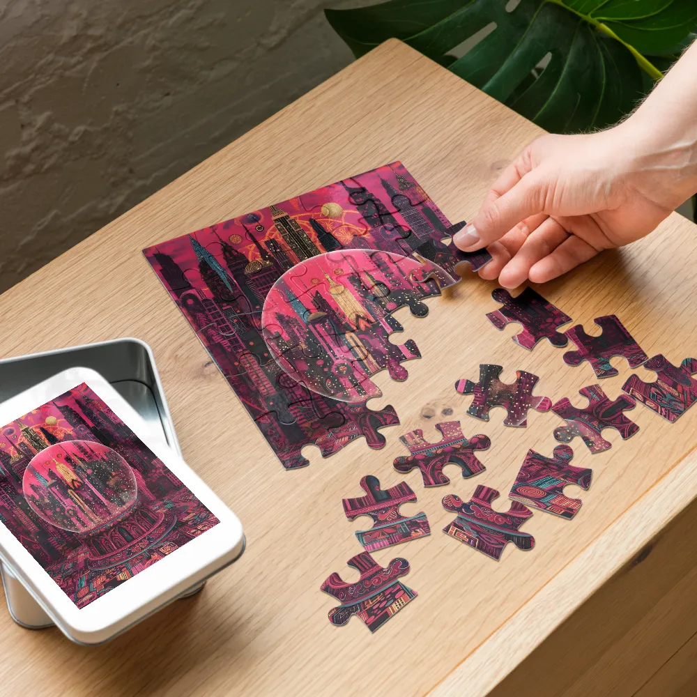 Magenta City Globe 
 Jigsaw Puzzle in Tin Box