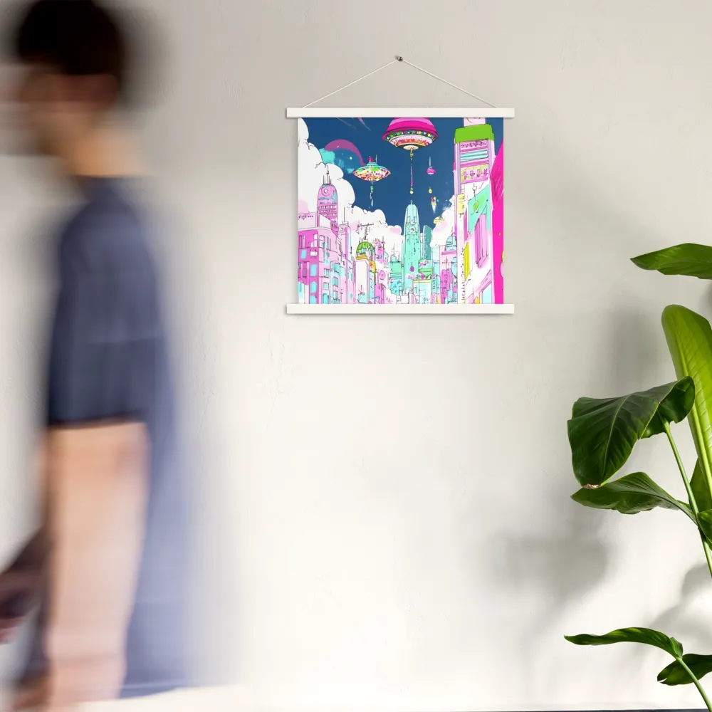 Futuristic Cityscape with Floating Structures | Poster With White Wood Hanger | 18″×18″