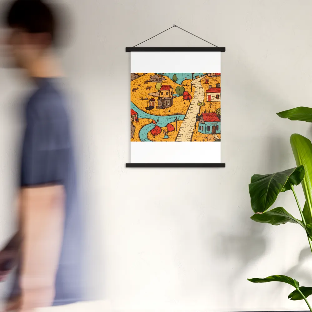 Whimsical Village Landscape | Poster With Black Wood Hanger | 18″×24″