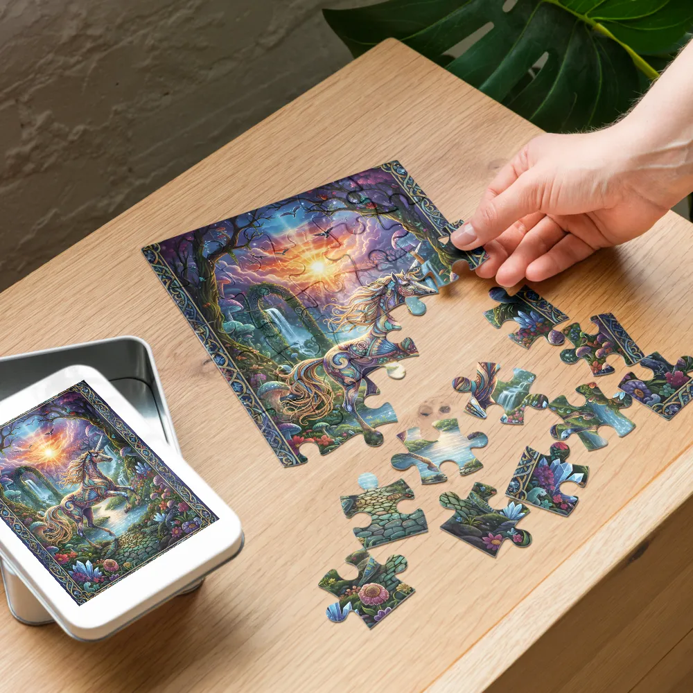 Sunlit Crystal Unicorn 
 Jigsaw Puzzle in Tin Box