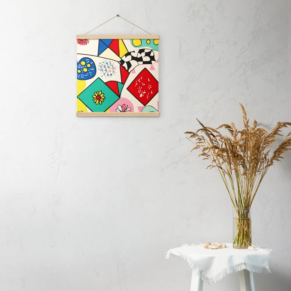 Joyful Geometry: A Playful Dance of Shapes and Colors | Poster With Oak Wood Hanger | 16″×16″