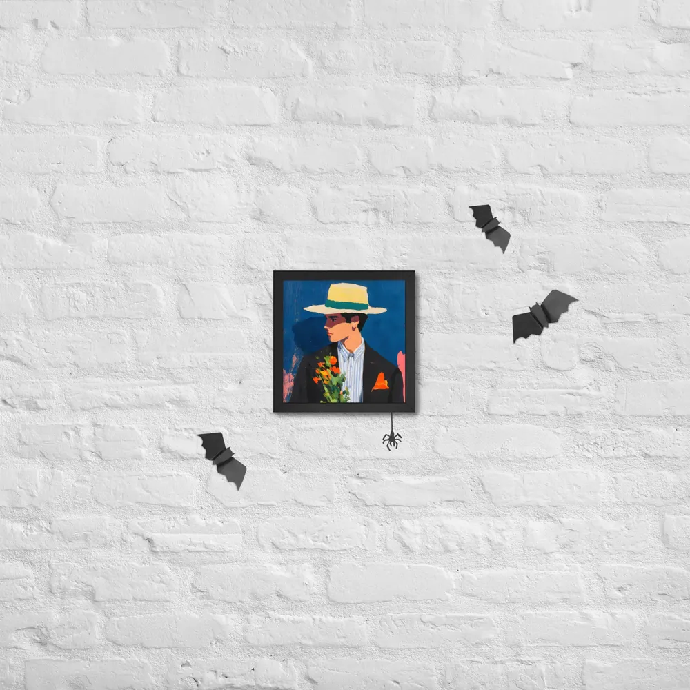 Portrait with Hat and Flowers 
 Poster with Black Frame | 10″x 10″