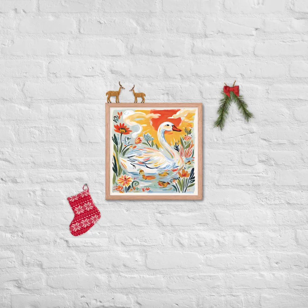Swan and Ducklings 
 Poster with Red oak Frame | 16″x 16″
