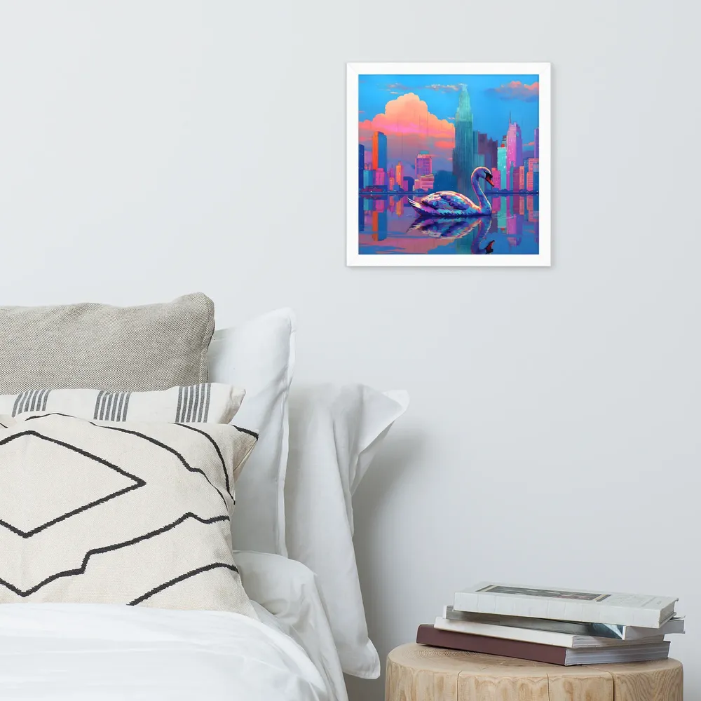 Neon Swan Skyline 
 Poster with White Frame | 14″x 14″