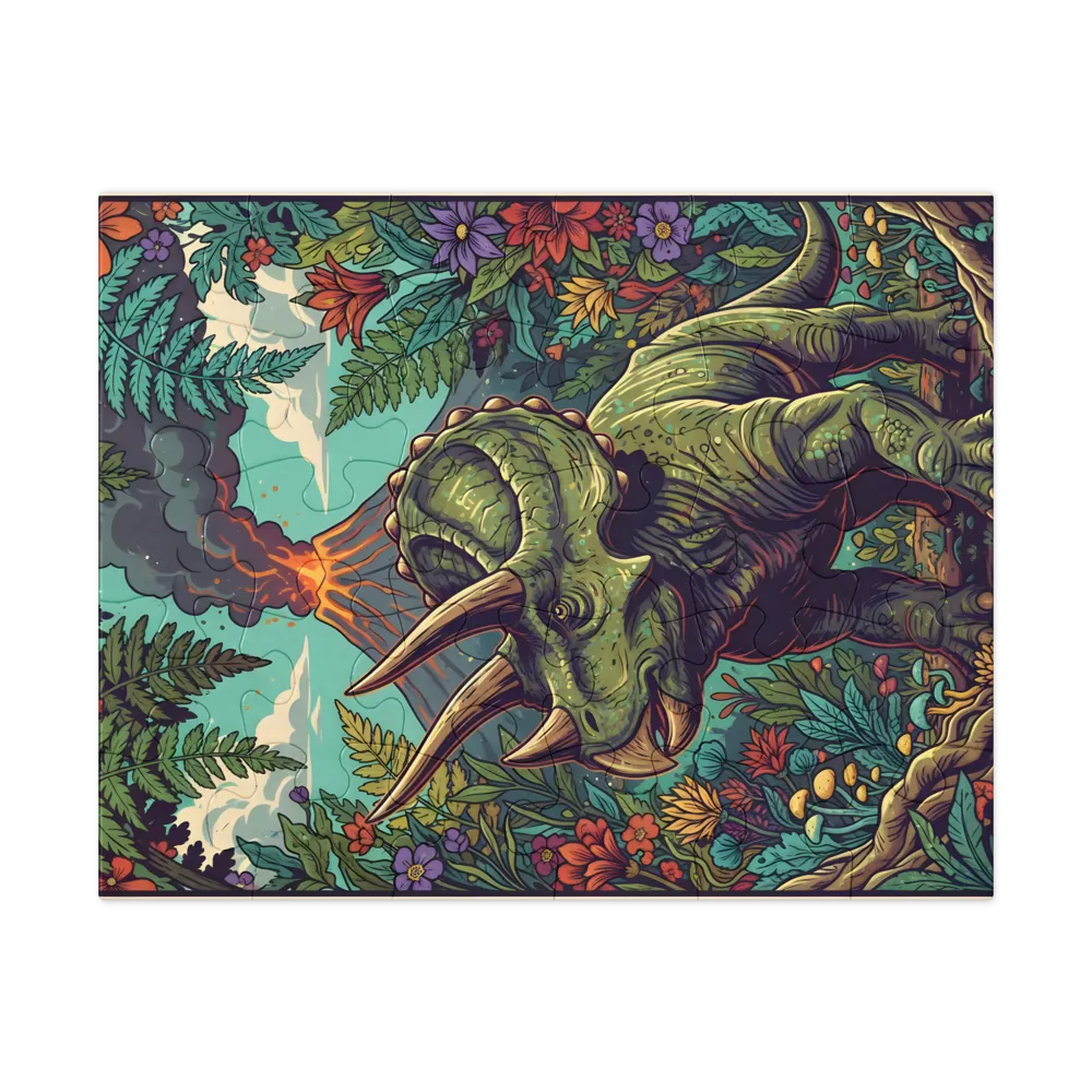 Triceratops and the Volcano 
 Jigsaw Puzzle in Tin Box